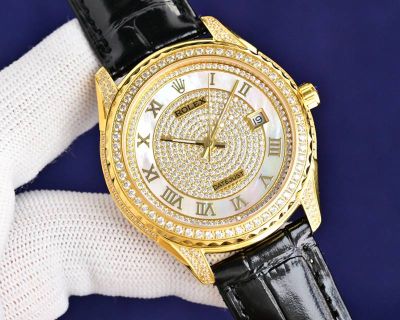 Rolex Datejust 40mm Diamond Face/Bezel YG Case Black Leather Band Watch